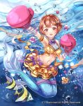  1girl bandage bow bowtie boxing_gloves brown_hair bubble cardfight!!_vanguard company_name fang flower hair_ornament impact_punch!_michiru mermaid midriff monster_girl mumutimex navel official_art open_mouth orange_eyes punching short_hair underwater 