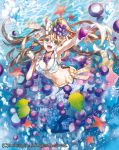  1girl alcohol bow breasts brown_hair bubble cardfight!!_vanguard cleavage company_name cup drinking_glass food food_themed_hair_ornament fruit grapes green_eyes hair_ornament head_fins jewelry leaf long_hair mermaid midriff monster_girl mystery_smile_aral navel necklace official_art open_mouth ponytail solo star teeth tibino underwater wine wine_glass 