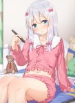  1girl :o aqua_eyes bare_legs bed blush bow buttons collarbone elbow_gloves eromanga_sensei frilled_shorts frilled_sleeves frills gloves hair_bow izumi_sagiri legs long_hair long_sleeves looking_at_viewer mikazuchi_zeus navel pajamas pink_bow ribbon shorts silver_hair simple_background sitting solo stomach stuffed_animal stuffed_toy stylus tablet teddy_bear white_background 