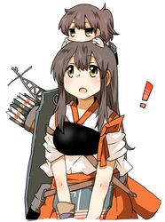  ! 2girls akagi_(kantai_collection) bad_id bad_twitter_id blush brown_hair chibi chibi_on_head heart jitome kaga_(kantai_collection) kantai_collection long_hair minigirl multiple_girls on_head open_mouth person_on_head rebecca_(keinelove) short_hair side_ponytail smile yellow_eyes 