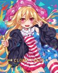  1girl alternate_legwear american_flag_dress american_flag_legwear blonde_hair blue_legwear breasts character_name clownpiece dress fire hat holding jacket jester_cap komazuki_(komaworks240) long_hair long_sleeves looking_at_viewer medium_breasts neck_ruff polearm red_eyes red_legwear short_dress sleeveless sleeveless_dress solo striped striped_legwear thigh-highs torch touhou v very_long_hair weapon white_legwear 