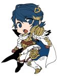  1boy alfonse_(fire_emblem) armor artist_name blue_eyes blue_hair boots cape chibi dated fire_emblem fire_emblem_heroes full_body gradient_hair looking_at_viewer male_focus multicolored_hair simple_background solo white_background white_cape yurige 