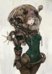  1girl armor bodysuit breasts covered_navel fantasy green_bodysuit grey_eyes helmet highres impossible_clothes medium_breasts mujiha open_mouth original simple_background solo white_background 