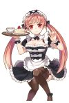  1girl 3: apron black_bow black_skirt bow breasts brown_hair brown_legwear cake cleavage cup food fork garter_straps gl_ztoh hair_bow highres holding holding_tray large_breasts long_hair looking_at_viewer maid maid_apron maid_headdress official_art red_eyes sha_(soccer_spirits) skirt slice_of_cake soccer_spirits solo spoon sweatdrop teacup transparent_background tray twintails wavy_mouth wrist_cuffs 