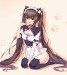  1girl :3 :d animal_ears apron bangs bell between_legs blunt_bangs bow bowtie breasts brown_hair buttons cat_band_legwear cat_ears character_name chocola_(sayori) cleavage cleavage_cutout dress eyebrows_visible_through_hair frilled_apron frills full_body groin hair_ribbon hand_between_legs hand_up heart jingle_bell long_hair looking_at_viewer maid maid_headdress medium_breasts nekopara no_panties open_mouth paw_background paw_pose pink_bow pink_bowtie puffy_short_sleeves puffy_sleeves ribbon short_sleeves sitting slit_pupils smile solo thigh-highs twintails very_long_hair waist_apron white_apron white_ribbon yellow_eyes yitiao_yuxian 