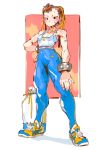  1girl adapted_costume alternate_costume andrea_cofrancesco bag blush breasts brown_hair chun-li double_bun duffel_bag full_body hair_ribbon hand_on_hip leggings long_legs ribbon shoes short_hair skin_tight small_breasts sneakers solo sports_bra street_fighter street_fighter_zero_(series) studded_bracelet thick_thighs thighs toned 