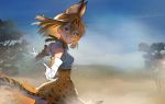 1girl animal_ears bangs bare_shoulders blonde_hair blue_sky bow bowtie breasts clouds day eyebrows_visible_through_hair fog gloves hair_between_eyes highres kemono_friends looking_at_viewer medium_breasts outdoors pov reaching_out savannah serval_(kemono_friends) serval_ears serval_print serval_tail short_hair sky sleeveless smile solo summergoat tail teeth thigh-highs tree wind wind_lift yellow_eyes 