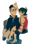  2boys black_hair child highres hyakujuu-ou_golion jacket keith_(voltron) male_focus multicolored_hair multiple_boys short_hair sitting_on_arm takashi_shirogane time_paradox two-tone_hair voltron:_legendary_defender 