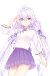  1girl arm_up artist_name babouo character_request copyright_request dated eyebrows_visible_through_hair hair_ribbon long_hair looking_at_viewer purple_ribbon purple_skirt ribbon signature skirt smile solo twintails violet_eyes white_hair 