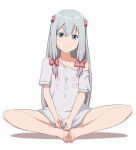  1girl adrenaline!!! bare_shoulders barefoot blue_eyes blue_hair bow butterfly_sitting clothes_writing eromanga_sensei feet feet_together hair_bow indian_style izumi_sagiri krs_(karasu) long_hair looking_at_viewer off_shoulder pink_bow shirt simple_background sitting smile solo t-shirt white_background 