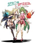  2girls animal_ears artist_request blush chiki fire_emblem fire_emblem:_kakusei fire_emblem:_mystery_of_the_emblem fire_emblem_heroes flat_chest full_body gloves green_eyes green_hair hair_ornament highres jewelry long_hair looking_at_viewer multiple_girls navel nowi_(fire_emblem) one_eye_closed open_mouth pointy_ears ponytail rabbit_ears smile thigh-highs 