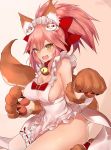  &gt;:d 1girl :d animal_ears apron artist_name bare_shoulders bell bell_collar blush bow breasts brown_gloves cat_hair_ornament cleavage collar fangs fate/grand_order fate_(series) fox_ears fox_tail frilled_apron frills gloves gradient gradient_background hair_ornament hair_ribbon highres jingle_bell kneeling large_breasts leg_garter long_hair looking_at_viewer maid_headdress naked_apron open_mouth paw_gloves paws pink_background pink_hair ponytail red_bow ribbon seiza sideboob sidelocks signature sitting smile solo tail tamamo_(fate)_(all) tamamo_cat_(fate) thighs tsurime white_apron yaman yellow_eyes 