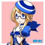  1girl ascot beret blonde_hair blue-framed_eyewear blue_ascot blue_eyes enta_girl falcoon finger_to_mouth glasses gloves hat highres jacket logo mascot official_art open_mouth pink_background puffy_short_sleeves puffy_sleeves semi-rimless_glasses short_hair_with_long_locks short_sleeves simple_background snk solo upper_body white_gloves 