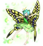  &gt;:d 1girl :d antennae bangs bare_arms barefoot blue_hair blush brown_eyes butterfly_wings dress eternity_larva full_body green_dress hair_between_eyes hair_ornament highres kan_(aaaaari35) leaf_hair_ornament looking_away open_mouth outstretched_arms short_hair smile solo spread_arms touhou wings 