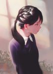  1girl arm_behind_back blurry braid brown_eyes brown_hair closed_mouth collared_shirt depth_of_field from_side hair_between_eyes hair_over_shoulder litra_(ltr0312) long_hair looking_to_the_side original ponytail profile purple_shirt shirt solo wing_collar 