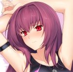  1girl armlet armpits arms_up bare_shoulders bed_sheet blush close-up closed_mouth competition_swimsuit curled_fingers embarrassed eyebrows_visible_through_hair face fate/grand_order fate_(series) harukon_(halcon) long_hair lying on_back one-piece_swimsuit portrait purple_hair red_eyes scathach_(fate/grand_order) shiny shiny_skin solo swimsuit 