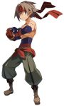  1boy boots brown_eyes brown_hair disgaea full_body gloves harada_takehito headband looking_at_viewer male_focus male_warrior_(disgaea) muscle official_art pants pointy_ears red_headband shirtless solo standing white_background 