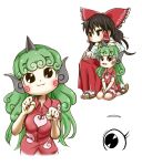  2girls :3 black_eyes blush bow brown_hair chamaji cloud_print commentary_request detached_sleeves eyebrows_visible_through_hair frills geta green_hair hair_between_eyes hair_bow hair_tubes hakurei_reimu hand_on_another&#039;s_head heart highres horn japanese_clothes jitome kariyushi_shirt komano_aun long_hair multiple_girls nontraditional_miko one_knee open_mouth sandals seiza shorts simple_background sitting solid_oval_eyes swirls tabi touhou white_background 
