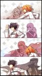  adjusting_clothes adjusting_gloves bedivere blue_fire checkered checkered_background choco_taberusan fate/grand_order fate_(series) fire florence_nightingale_(fate/grand_order) fog fujimaru_ritsuka_(female) fujimaru_ritsuka_(male) gilgamesh gilgamesh_(caster)_(fate) gloves prosthesis prosthetic_arm running saber_of_red 