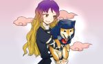  2girls animalization blonde_hair brown_eyes clouds dog gradient_hair hijiri_byakuren hood kumoi_ichirin meitei multicolored_hair multiple_girls purple_hair simple_background touhou 