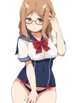 1girl blush brown_eyes brown_hair covering covering_crotch crop_top glasses groin highres horns long_hair one-piece_swimsuit original pout school_uniform serafuku shirt solo swimsuit toy_box-r
