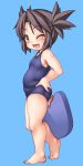  1girl barefoot blush brown_eyes brown_hair fang from_side full_body hand_on_hip hand_on_own_ass m.u.g.e.n mizuhara_nayu ohgaki_m one-piece_swimsuit one_eye_closed open_mouth original plump school_swimsuit short_hair short_twintails smile solo standing swimsuit twintails 