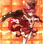  1girl animal_ears brown_cape cape choker cure_chocolat dog_ears dog_tail earrings gloves hat highres jewelry kenjou_akira kirakira_precure_a_la_mode looking_at_viewer magical_girl precure red_eyes redhead short_hair skirt smile solo sumiosmith tail thigh-highs white_gloves white_legwear 