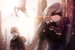  1boy 1girl breasts cleavage cleavage_cutout highres large_breasts looking_away mole mole_under_mouth nier_(series) nier_automata pot-palm short_hair silver_hair upper_body white_hair yorha_no._2_type_b yorha_no._9_type_s 