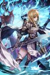  2girls age_of_ishtaria armor balin_(age_of_ishtaria) blonde_hair boots gauntlets ghost hair_between_eyes holding huge_weapon long_hair long_image looking_at_viewer looking_away multiple_girls pleated_skirt skirt spaulders standing tall_image thigh-highs thigh_boots wanke watermark weapon zettai_ryouiki 