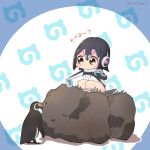  1girl bird blue_background blush chibi food grape-kun holding holding_food humboldt_penguin humboldt_penguin_(kemono_friends) japari_bun japari_symbol kemono_friends looking_at_another oyatsu_(mk2) penguin rock squatting text translated twitter_username yellow_eyes 