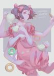  1girl absurdres artist_name black_hair bow character_name copyright_name cup dress extra_arms extra_eyes food hair_bow highres holding holding_cup monster_girl muffet parted_lips pink_bow pink_dress pouring purple_skin red_eyes sadsan short_hair solo standing teacup undertale 