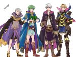  4boys armor bare_legs blonde_hair blue_eyes book boots cape closed_eyes fire_emblem fire_emblem:_kakusei fire_emblem:_mystery_of_the_emblem fire_emblem_heroes fire_emblem_if full_body gloves green_hair hairband henry_(fire_emblem) highres hood leon_(fire_emblem_if) long_sleeves looking_at_viewer male_focus male_my_unit_(fire_emblem:_kakusei) multiple_boys my_unit_(fire_emblem:_kakusei) nezumoto open_mouth red_eyes short_hair smile white_hair 
