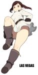  1girl accho_(macchonburike) belt black_hair boots dress dutch_angle earrings full_body gloves hand_on_hip highres jewelry knee_boots las_vegas_(accho) looking_at_viewer looking_down original red_eyes short_dress simple_background smile solo twintails white_background 
