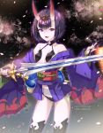  1girl bangs black_legwear breasts cowboy_shot fangs fate/grand_order fate_(series) holding holding_sword holding_weapon japanese_clothes kimono looking_at_viewer oni_horns open_mouth petals pixiv_id purple_hair purple_kimono revealing_clothes short_hair short_kimono shuten_douji_(fate/grand_order) small_breasts smile solo sword thick_eyebrows thigh-highs trianon violet_eyes watermark weapon web_address 