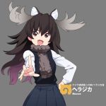  &gt;:d 1girl :d animal_ears antlers black_vest blue_skirt brown_eyes brown_hair brown_scarf character_name clenched_hand cowboy_shot english extra_ears eyebrows eyebrows_visible_through_hair eyelashes fang foreshortening grey_background hair_between_eyes hand_on_hip japari_symbol kemono_friends long_hair long_sleeves looking_at_viewer moose_(kemono_friends) moose_ears oekaki open_mouth outstretched_hand pleated_skirt samonegi scarf shirt simple_background skirt smile solo sweater_vest tsurime vest white_shirt 