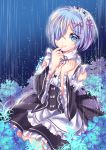  blue_eyes blue_hair blush dress headdress rain re:zero_kara_hajimeru_isekai_seikatsu rem_(re:zero) short_hair smile 