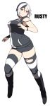  1girl accho_(macchonburike) bare_shoulders black_hair boots breasts collar full_body heterochromia highres knee_boots looking_away medium_breasts multicolored_hair original red_eyes shorts simple_background solo white_background white_hair 