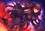  1girl black_gloves black_hair bodysuit breasts breasts_apart dutch_angle eyebrows_visible_through_hair fate_(series) fire floating_hair gloves gogatsu_fukuin hair_ornament high_heels holding holding_weapon long_hair looking_at_viewer medium_breasts polearm red_eyes scathach_(fate/grand_order) solo spear thunder very_long_hair weapon 