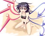  1girl annoyed ashiroku_(miracle_hinacle) asymmetrical_wings bikini black_bikini black_hair breasts fang hands_on_floor houjuu_nue looking_at_viewer looking_to_the_side messy_hair navel open_mouth red_eyes short_hair sitting slit_pupils small_breasts solo swimsuit touhou wariza wings 