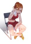  1girl blush bottle breasts brown_eyes brown_hair chair cleavage fangxiang_cuoluan hair_ornament hairclip highres looking_away midriff navel original ponytail red_shorts shadow shoes short_hair shorts simple_background sitting solo sports_bra sweat towel water_bottle white_background 