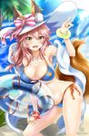  &gt;:d 1girl :d animal_ears armpits bare_shoulders bikini blue_bikini blush bow bracelet breasts cleavage contrapposto cowboy_shot day fang fate/grand_order fate_(series) fox_ears fox_girl fox_shadow_puppet fox_tail hair_between_eyes hat hat_bow innertube jewelry large_breasts long_hair looking_at_viewer navel necklace nez-kun open_mouth outdoors pink_hair shawl side-tie_bikini smile solo sun_hat sunlight swimsuit tail tamamo_(fate)_(all) tamamo_no_mae_(swimsuit_lancer)_(fate) underboob yellow_eyes 