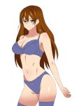  1girl bare_shoulders blue_bra blue_eyes blue_legwear blue_panties bra breasts brown_hair cleavage highres kagemusha long_hair looking_at_viewer navel original panties simple_background solo underwear underwear_only white_background 