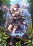  1girl arrow black_dress blue_sky boots bow_(weapon) breasts cleavage clouds day detached_sleeves dress elf error hair_ornament highres legband log long_hair medium_breasts original parted_lips plant pointy_ears shente_(sharkpunk) sky solo standing thigh_strap tree twintails weapon yellow_eyes 