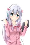  1girl aqua_eyes bow closed_mouth commentary_request eromanga_sensei hair_bow headset izumi_sagiri long_hair pajamas pink_bow silver_hair simple_background solo stylus tablet_pc tia_yu upper_body white_background 