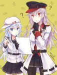 2girls ? belt black_skirt blue_eyes breasts buttons commentary_request dated downscaled flat_cap gangut_(kantai_collection) hammer_and_sickle hand_on_own_chin hat hibiki_(kantai_collection) holding holding_paper holding_pencil jacket kabocha_torute kantai_collection long_hair long_sleeves medium_breasts miniskirt multiple_girls oktyabrskaya_revolyutsiya_(kantai_collection) pantyhose paper peaked_cap pencil pleated_skirt question_mark red_eyes red_shirt resized revision sailor_collar scar school_uniform serafuku shirt silver_hair skirt sleeve_cuffs twitter_username uniform verniy_(kantai_collection) white_hair white_hat white_jacket 