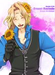  1boy blonde_hair blush character_name closed_eyes dated ernest_raviede extra_eyes flower gloves hair_flower hair_ornament happy_birthday jewelry leaf long_hair male_focus necklace open_mouth solo star_ocean star_ocean_the_second_story sunflower sunflower_hair_ornament teeth 