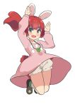  1girl animal_ears arms_up bloomers brown_hair bunny_pose bunny_tail dress fang green_eyes highres jumping kneehighs leg_lift long_hair open_mouth original pink_dress ponytail rabbit_ears shoes smile solo tail toy_box-r underwear white_legwear wind wind_lift 