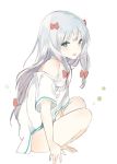  1girl :d bangs bare_legs bare_shoulders bow breasts clothes_writing colored_eyelashes eromanga_sensei full_body gradient_hair green_eyes grey_hair hair_bow indian_style izumi_sagiri long_hair looking_at_viewer low-tied_long_hair lpip multicolored_hair no_pants off_shoulder open_mouth pink_hair red_bow sidelocks simple_background sitting sketch smile solo tsurime very_long_hair white_background 