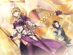  1boy 1girl armor bangs black_eyes black_hair black_legwear black_ribbon blonde_hair blue_eyes braid capelet caster_(fate/zero) fate/apocrypha fate/grand_order fate_(series) faulds fleur_de_lis gauntlets gilles_de_rais_(fate/grand_order) hair_ribbon headpiece holding_flag long_hair looking_at_another parted_lips pauldrons pixiv_id ribbon ruler_(fate/apocrypha) single_braid smile standard_bearer standing thigh-highs tress_ribbon trianon very_long_hair watermark web_address 