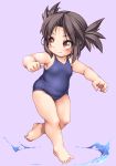  1girl ahoge bare_arms bare_legs bare_shoulders barefoot belly brown_eyes brown_hair closed_mouth collarbone feet full_body looking_back m.u.g.e.n mizuhara_nayu ohgaki_m one-piece_swimsuit original outstretched_arms plump school_swimsuit short_hair short_twintails solo standing standing_on_one_leg swimsuit toes twintails 